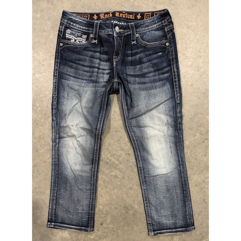 Rock Revival Easy Capri Sara Jeans Women 27 Embellished THICK STITCH WHISKERING